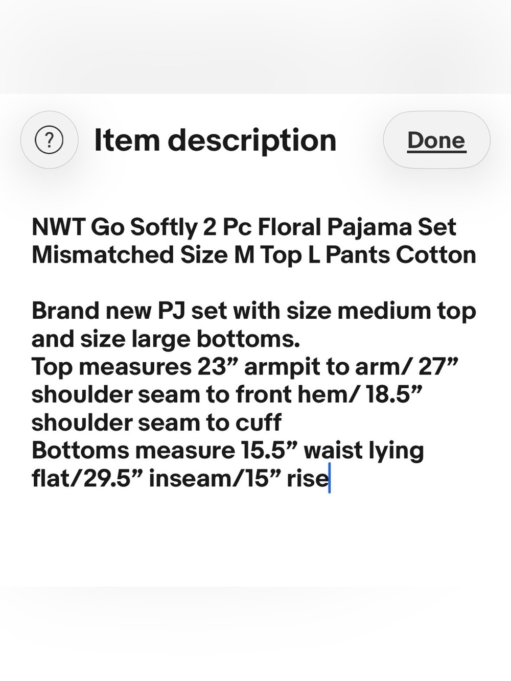NWT Go Softly 2 Pc Floral Roses Pajama Set Mismatched Size M Top L Pants Cotton - Picture 2 of 16